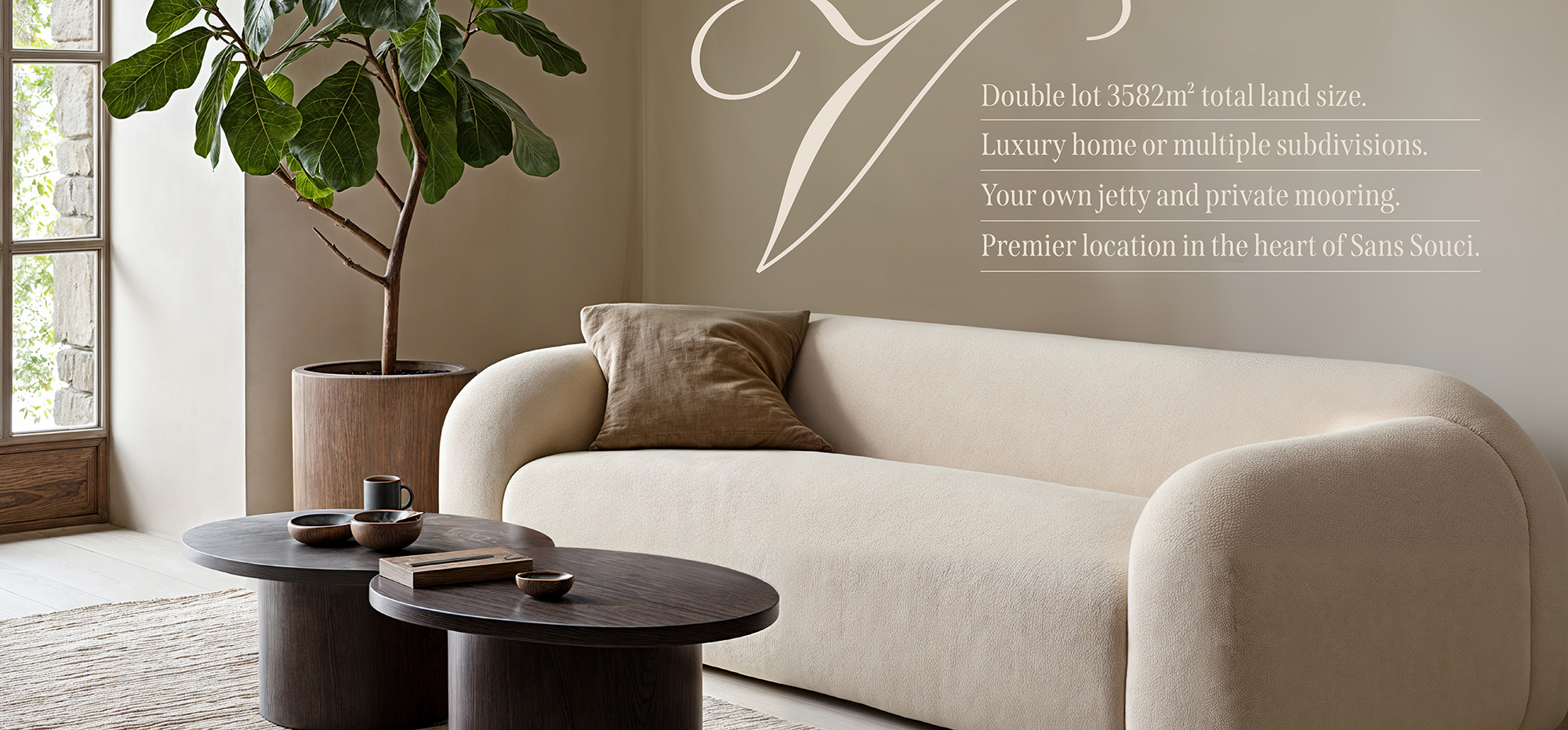 The Vista Sans Souci interior with modern lounge design promoting luxury homes, private jetty, and waterfront lifestyle at 43–45 Vista Street.
