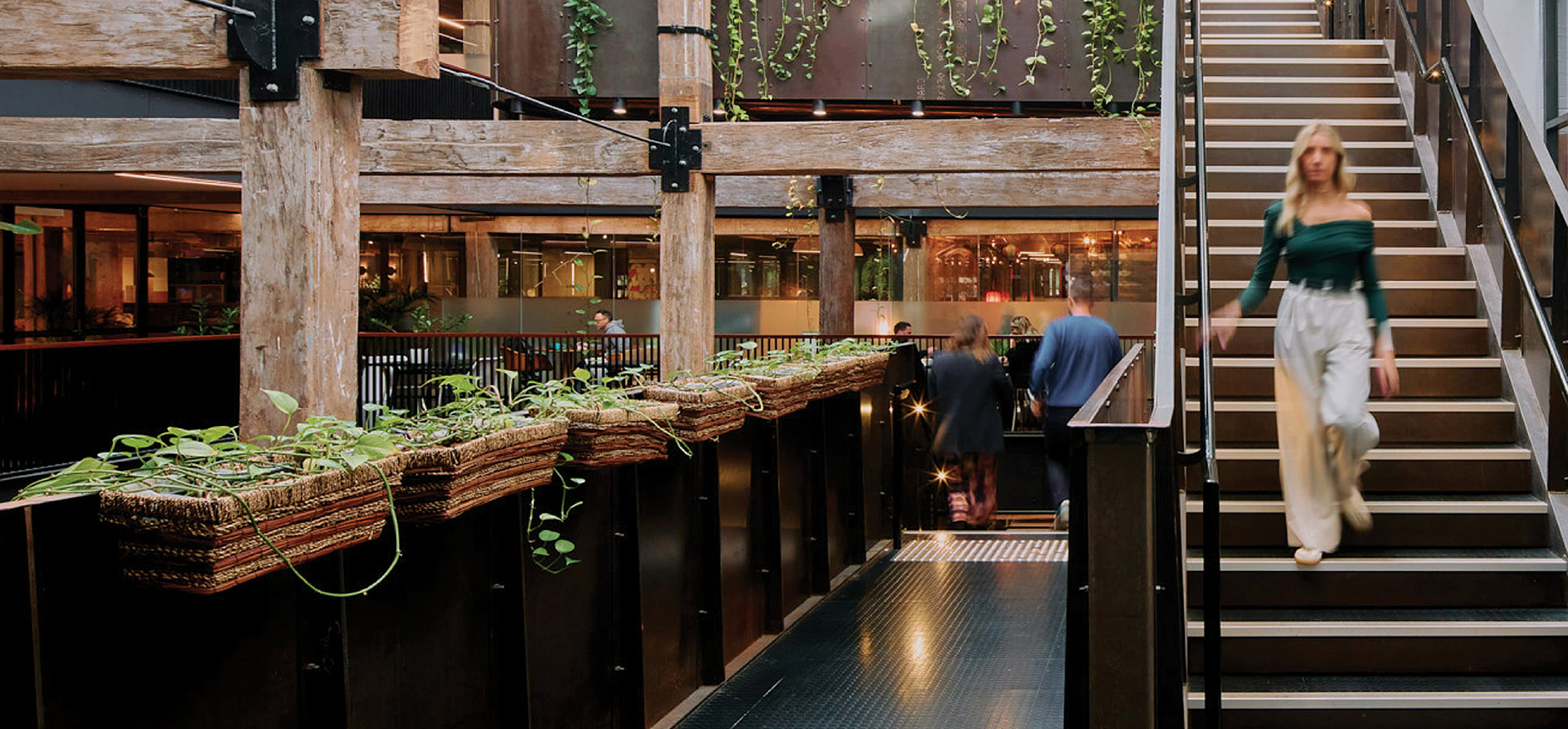 The Woolstore Pyrmont interior with exposed timber beams, industrial stairwell, and modern workspace design at 100 Harris Street Sydney.