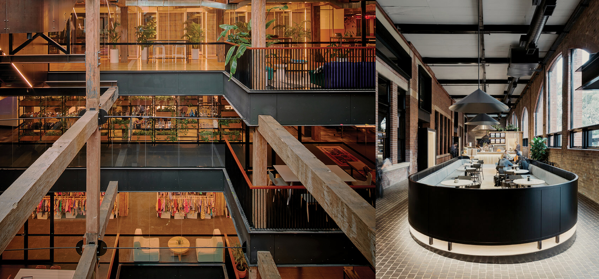 Atrium and café inside The Woolstore Pyrmont, heritage warehouse conversion into premium office and retail space in Sydney.