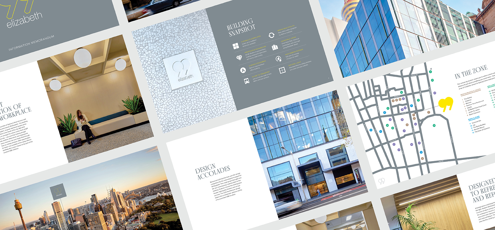 The Yarn Ultimo property marketing collateral featuring Sydney CBD views, academic access map, and local amenities.