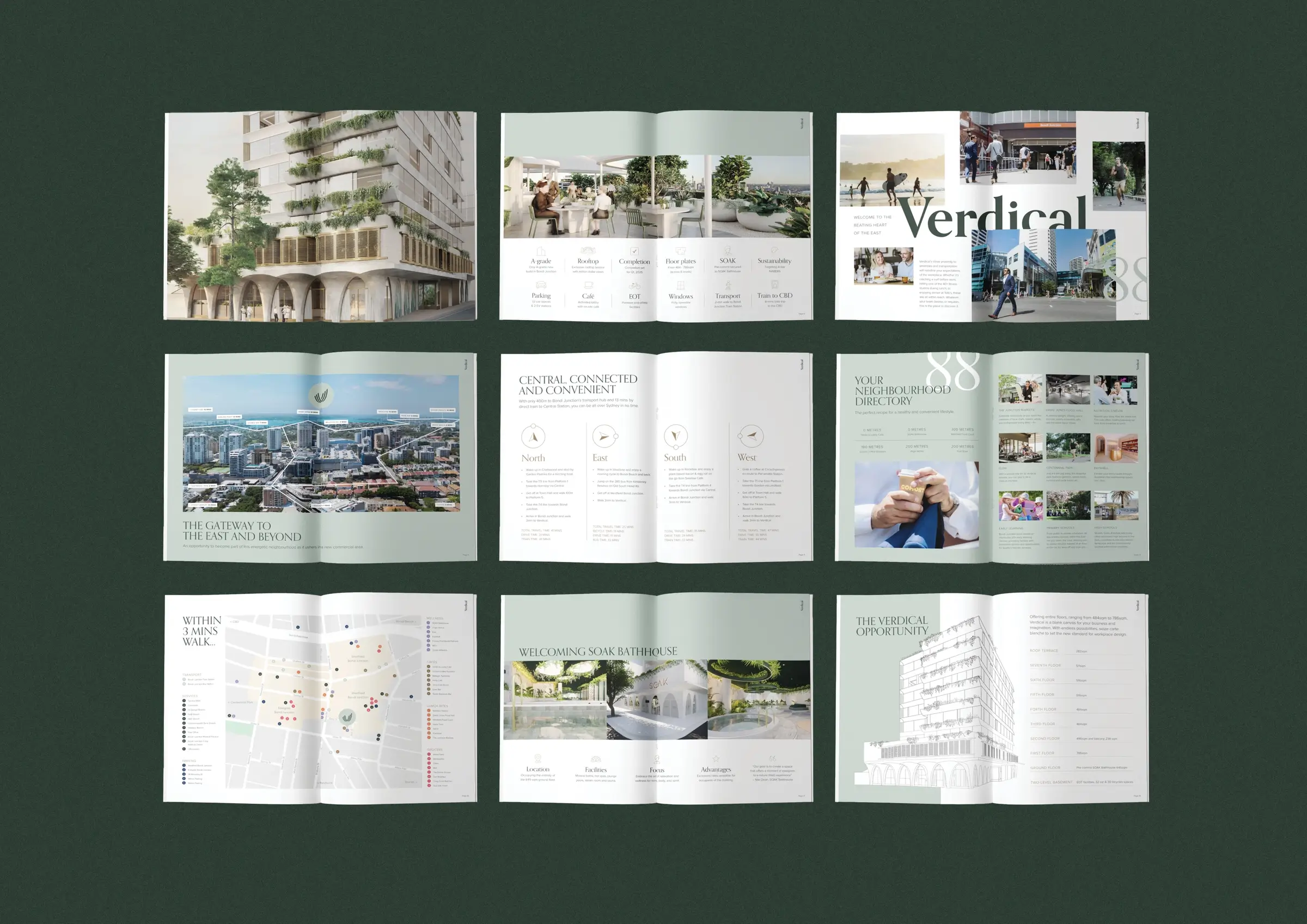 Verdical Bondi Junction property brochure featuring design renders, neighbourhood directory, connectivity maps, and premium office space details.