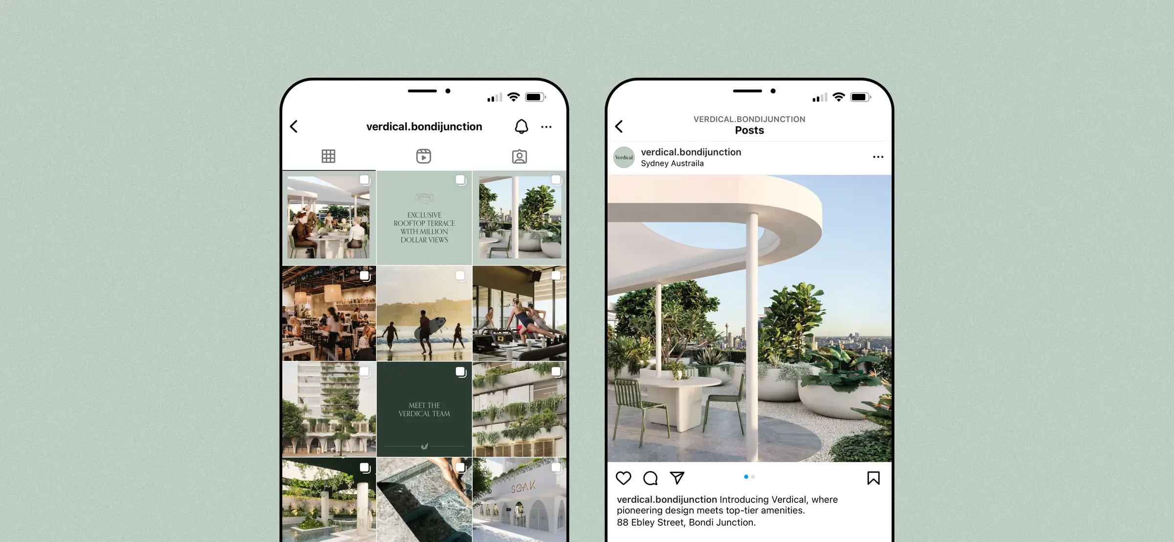 Verdical Bondi Junction Instagram campaign showcasing rooftop terrace, lifestyle amenities, and project updates at 88 Ebley Street Sydney.