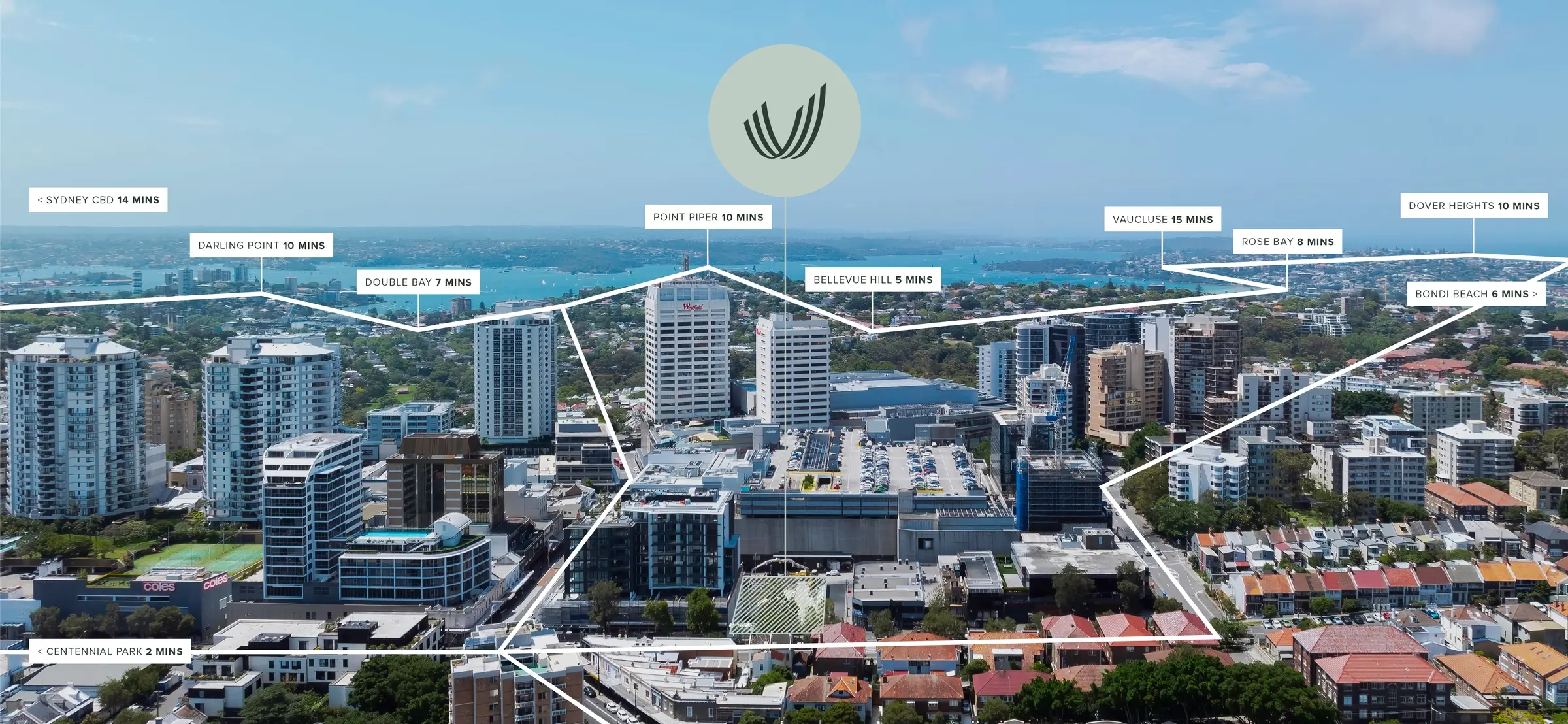 Aerial view of Bondi Junction with Verdical location at 88 Ebley Street, highlighting proximity to Sydney CBD, Bondi Beach, Randwick, and eastern suburbs.