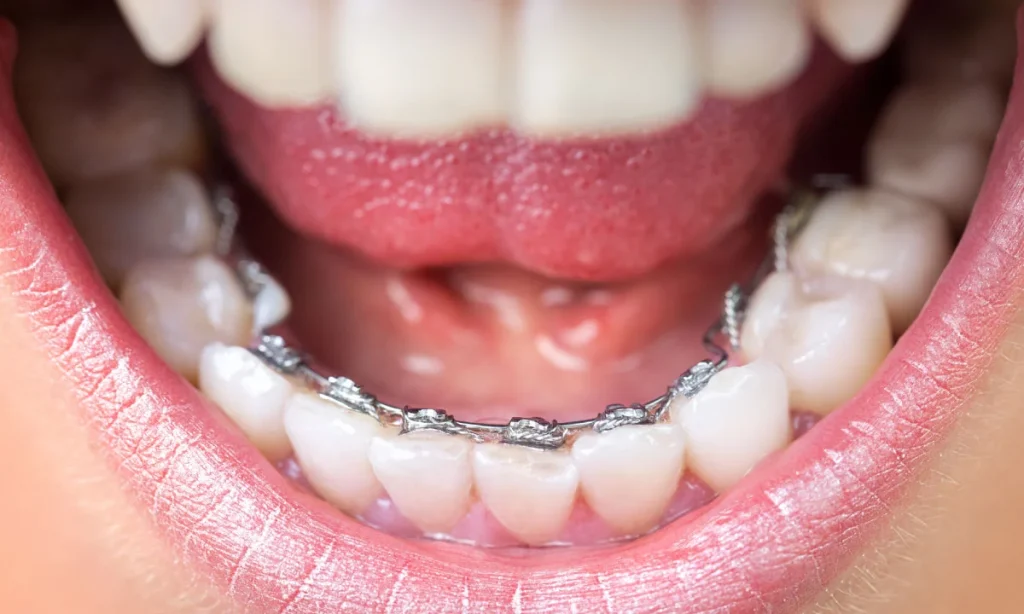 Person's mouth with lingual braces