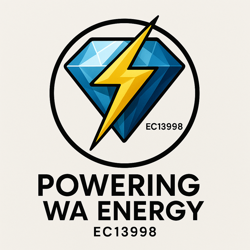 Blue diamond with yellow lightning bolt inside a circle above text POWERING WA ENERGY EC13998.