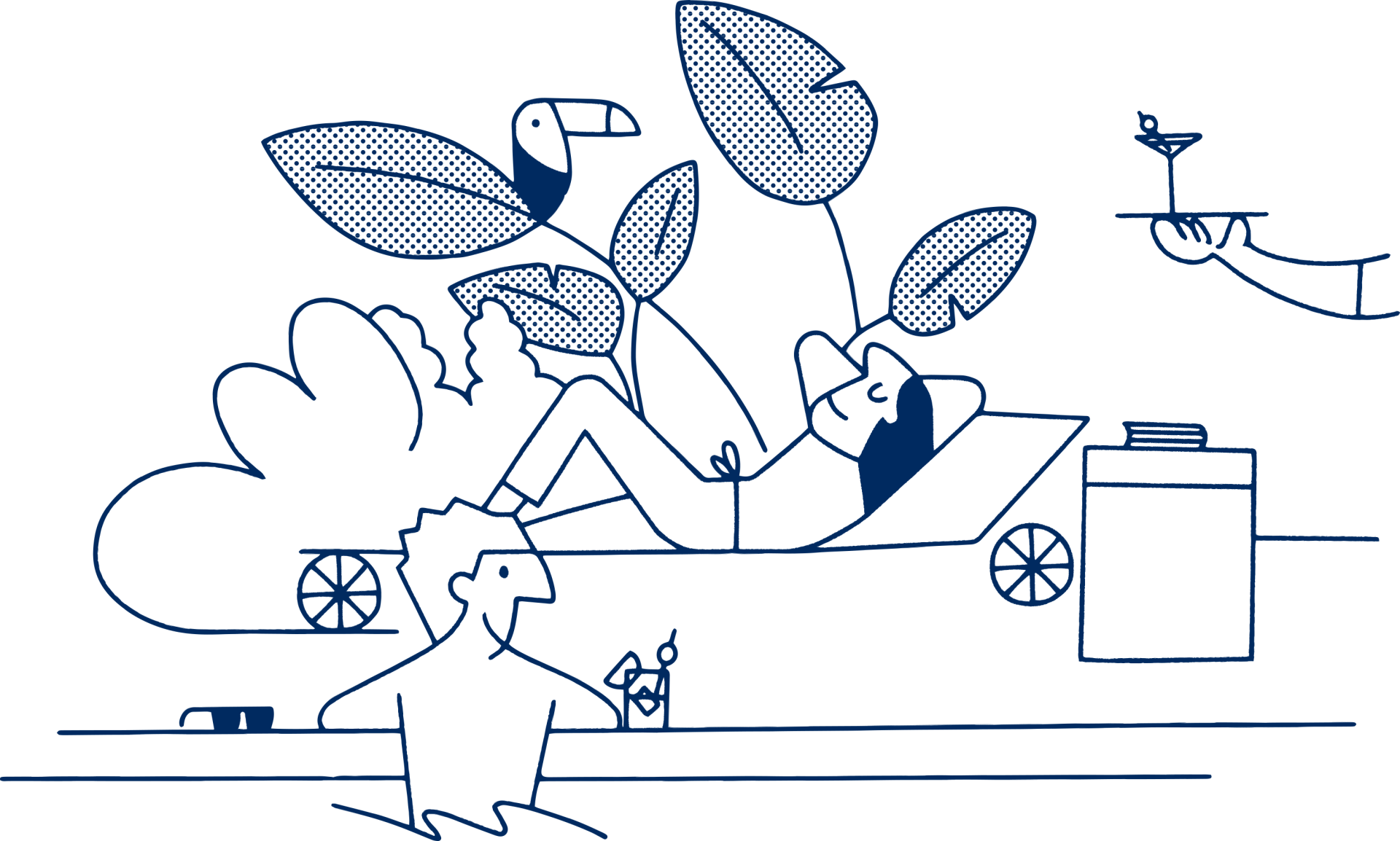 Whimsical line illustration of a person relaxing on a lounge chair surrounded by tropical plants and drinks