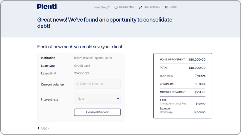 Plenti broker portal form for entering a client's existing loan details to calculate debt consolidation savings
