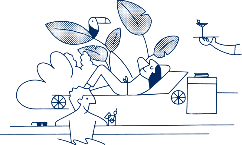 Whimsical line illustration of a person relaxing on a lounge chair surrounded by tropical plants and drinks