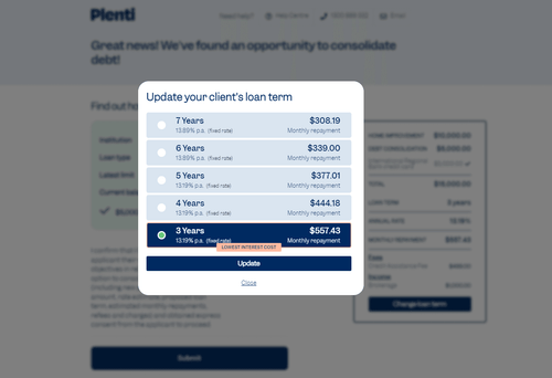 Plenti broker portal modal for updating a client's loan term with repayment options from 3 to 7 years