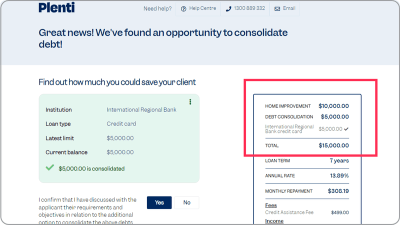 Plenti broker portal screen showing the combined loan summary with home improvement and debt consolidation amounts totalled