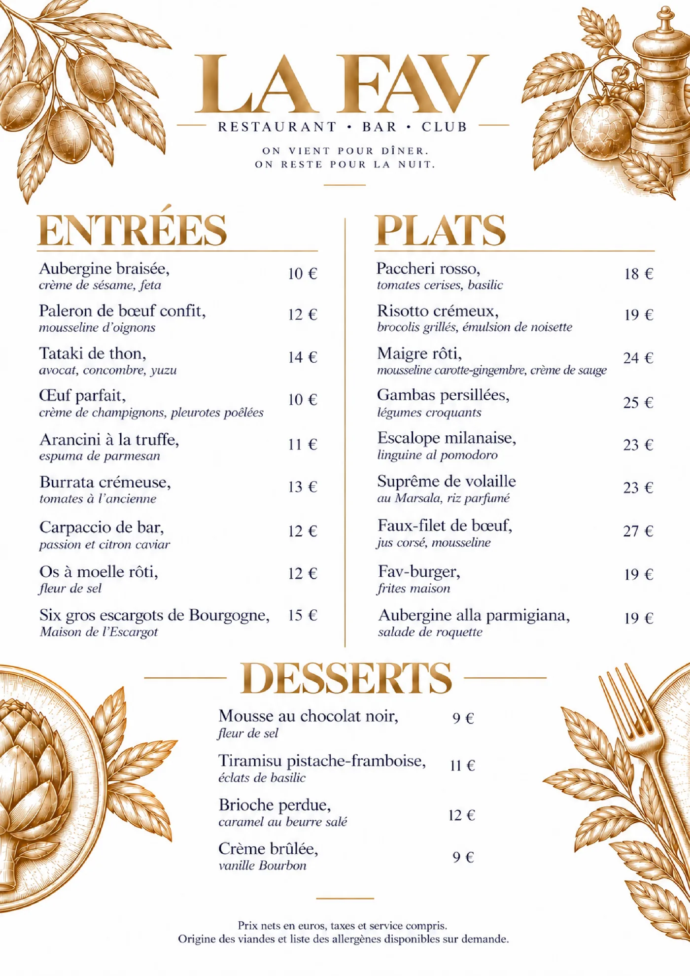 Carte du restaurant LA FAV à Paris 11 : entrées, plats et desserts avec leurs prix