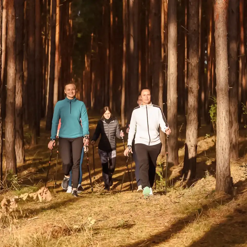 Mehrere Patienten machen gemeinsam einen Waldspaziergang.