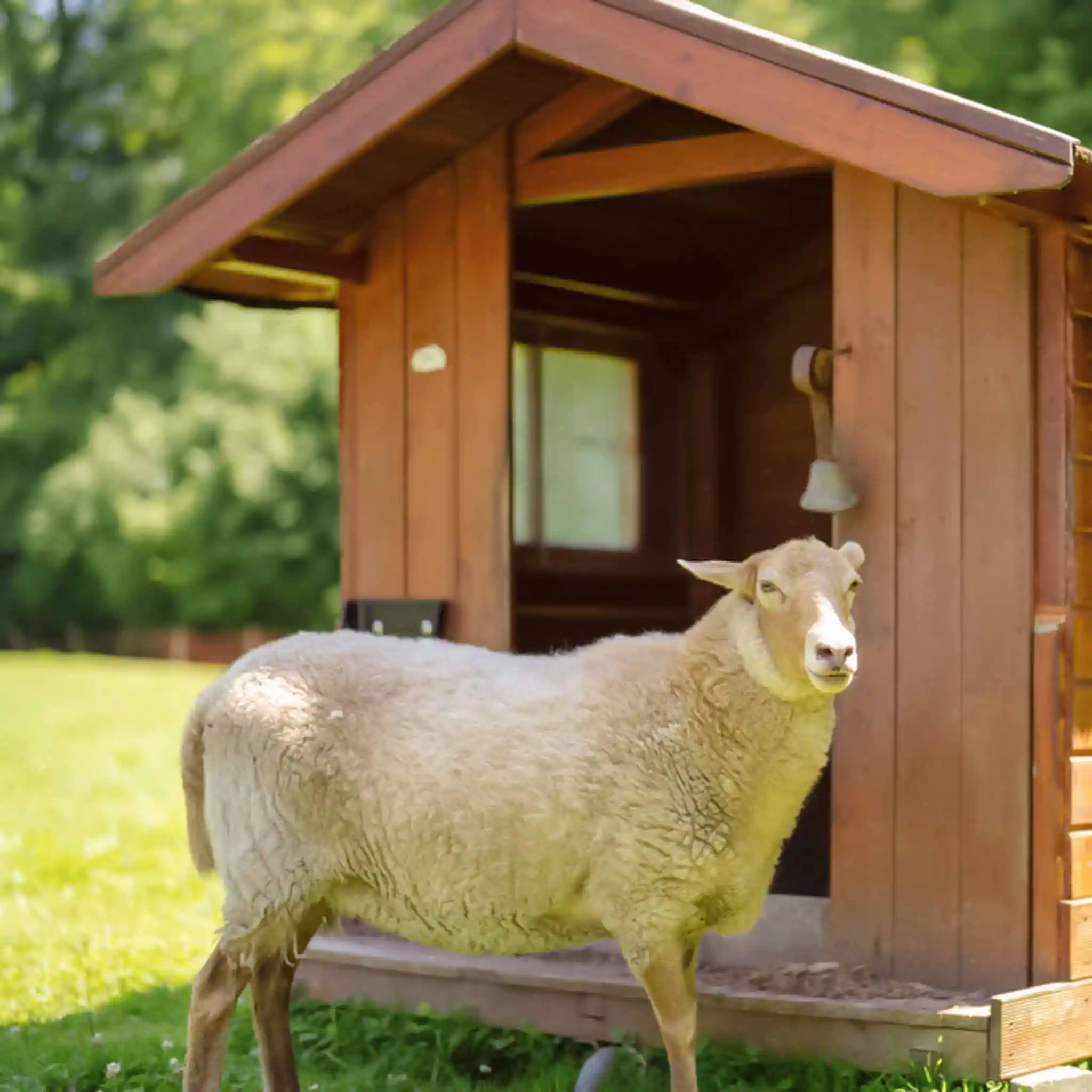 Ein Schaf steht vor seinem Stall.