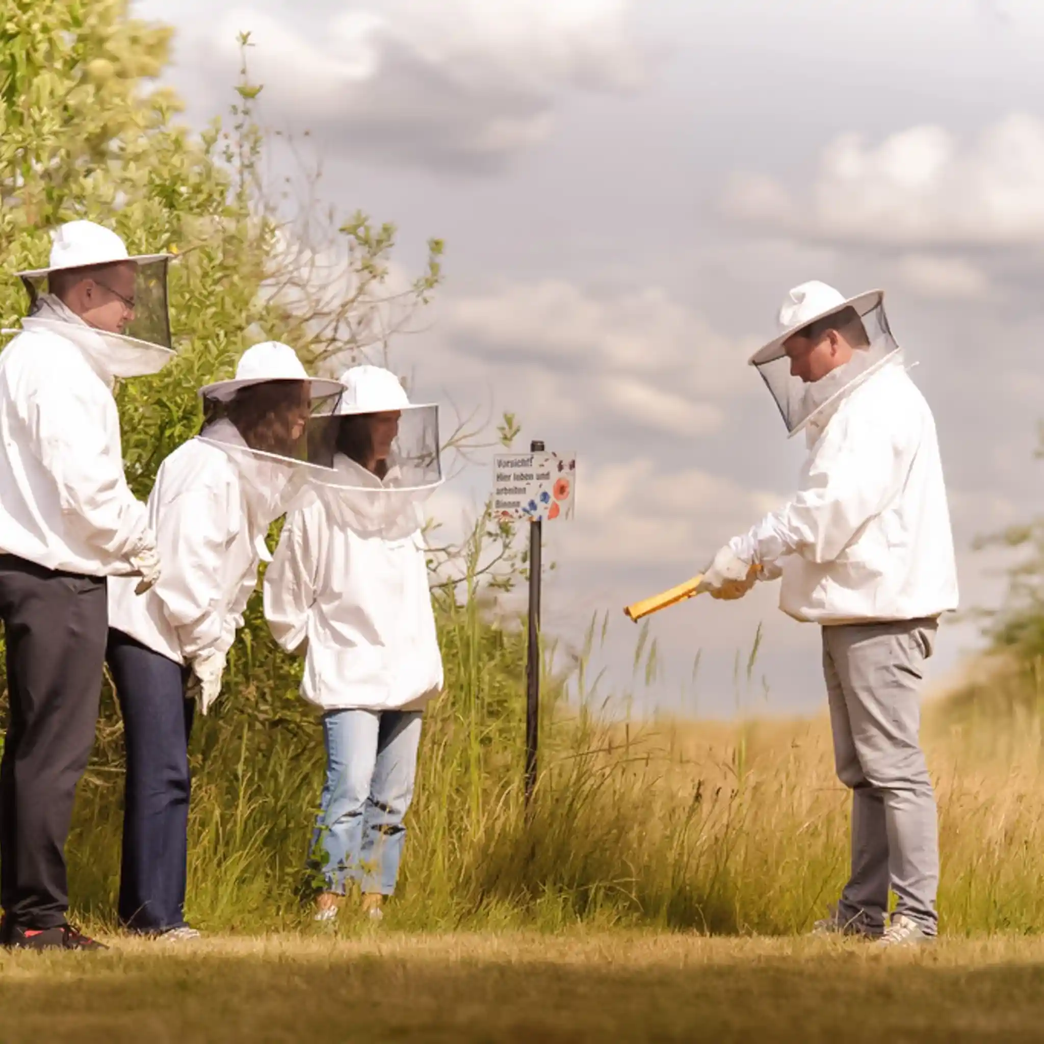 Drei Patientin in Imkerkleidung bekommen eine Einführung von einem Imker.
