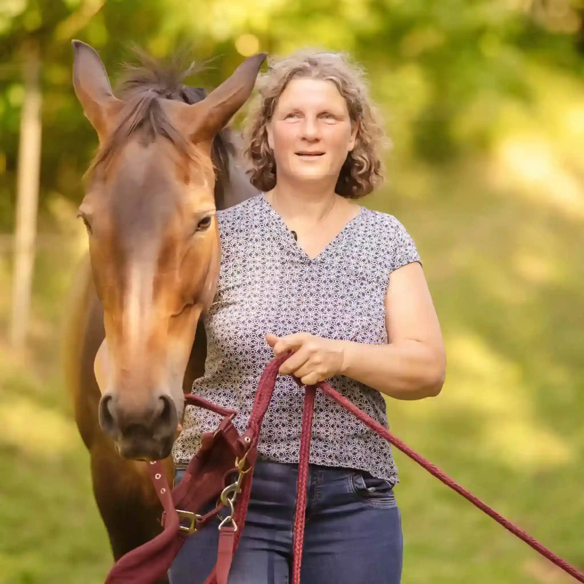 Eine Patientin geht mit einem Pferd spazieren.
