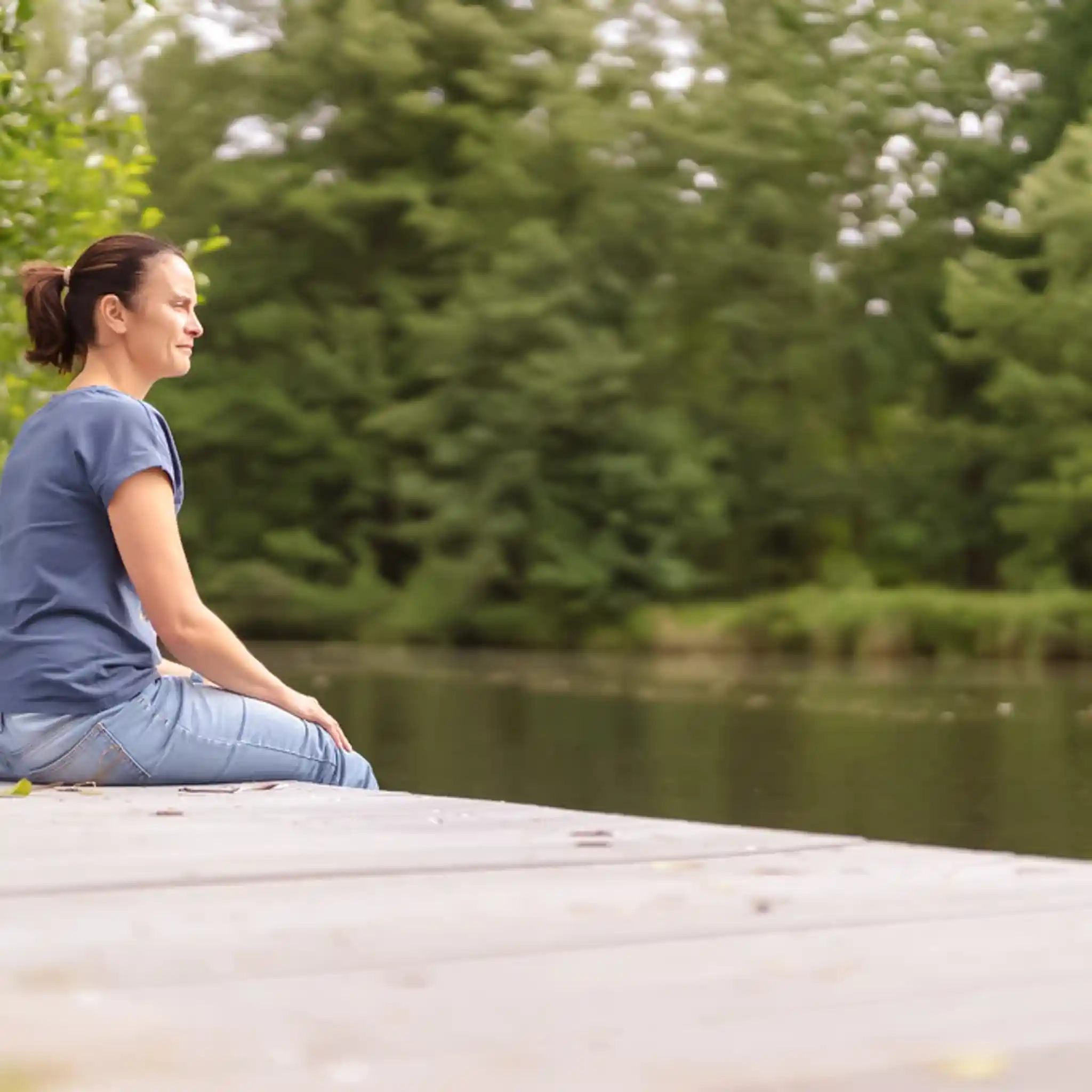 Eine Patientin sitzt auf einem Steg an einem Fluss und schaut in die Ferne