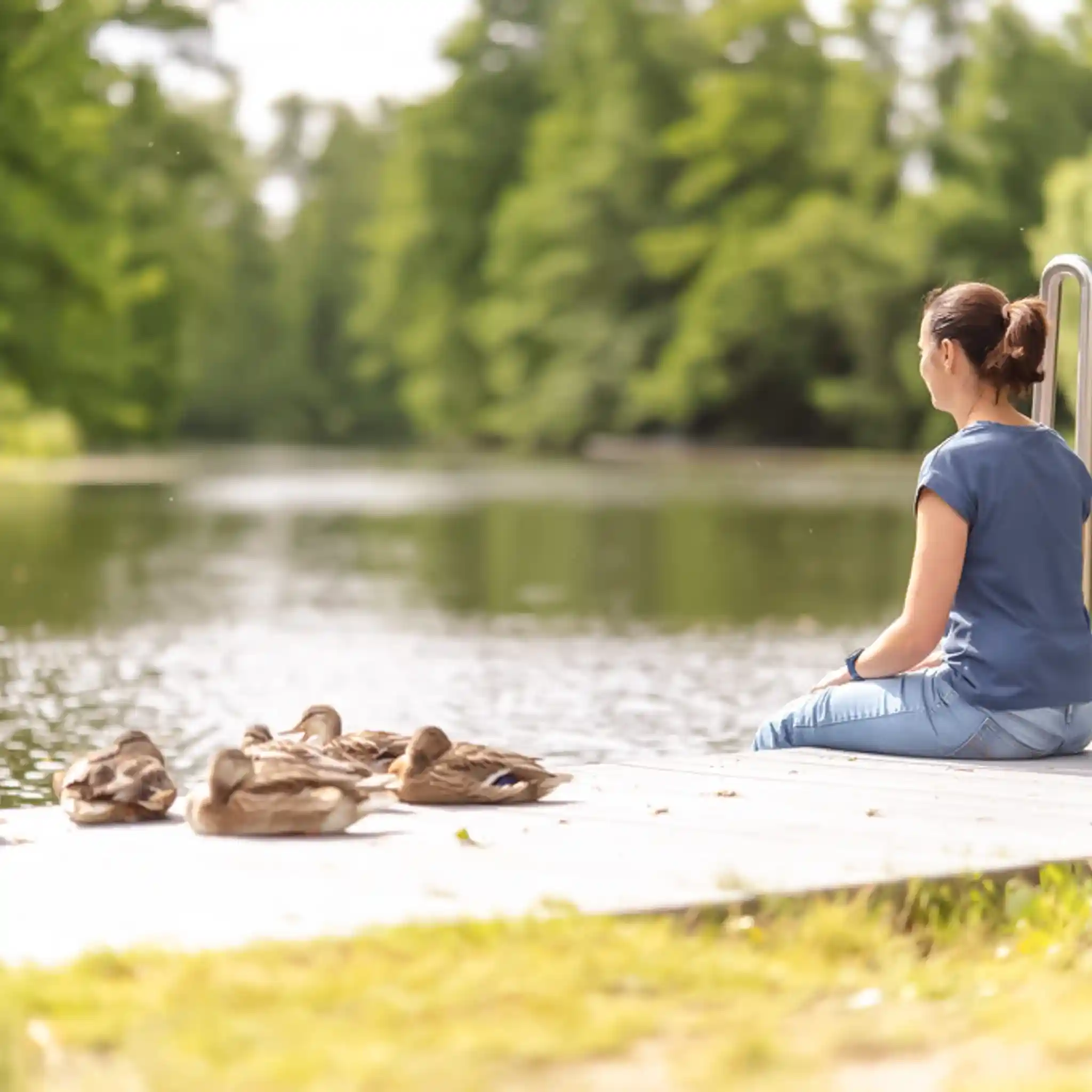 Eine Frau sitzt auf einem Steg am Wasser und neben ihr sitzen ein paar Enten