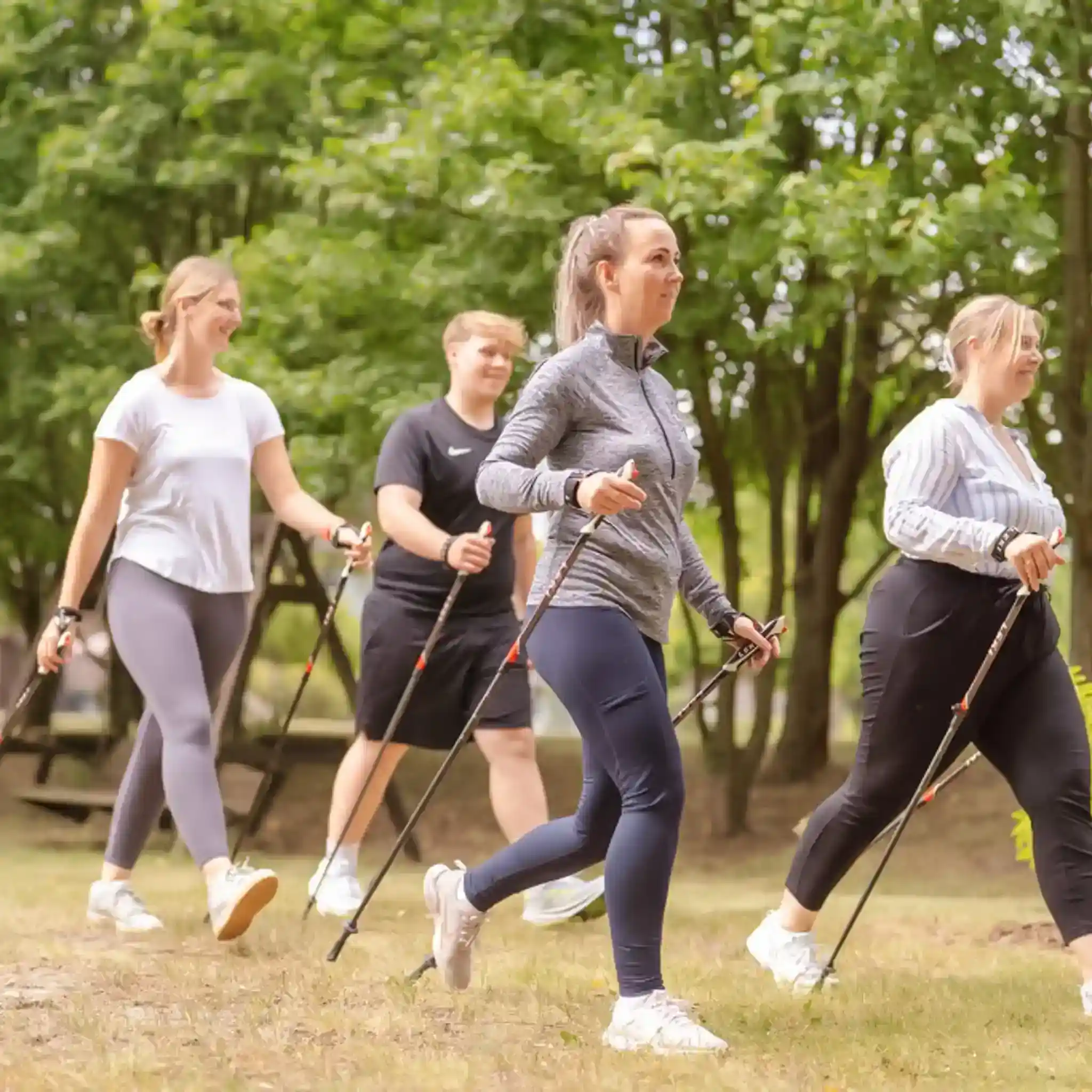 Eine Gruppe läuft mit Nordic-Walking Stöcken über eine Wiese