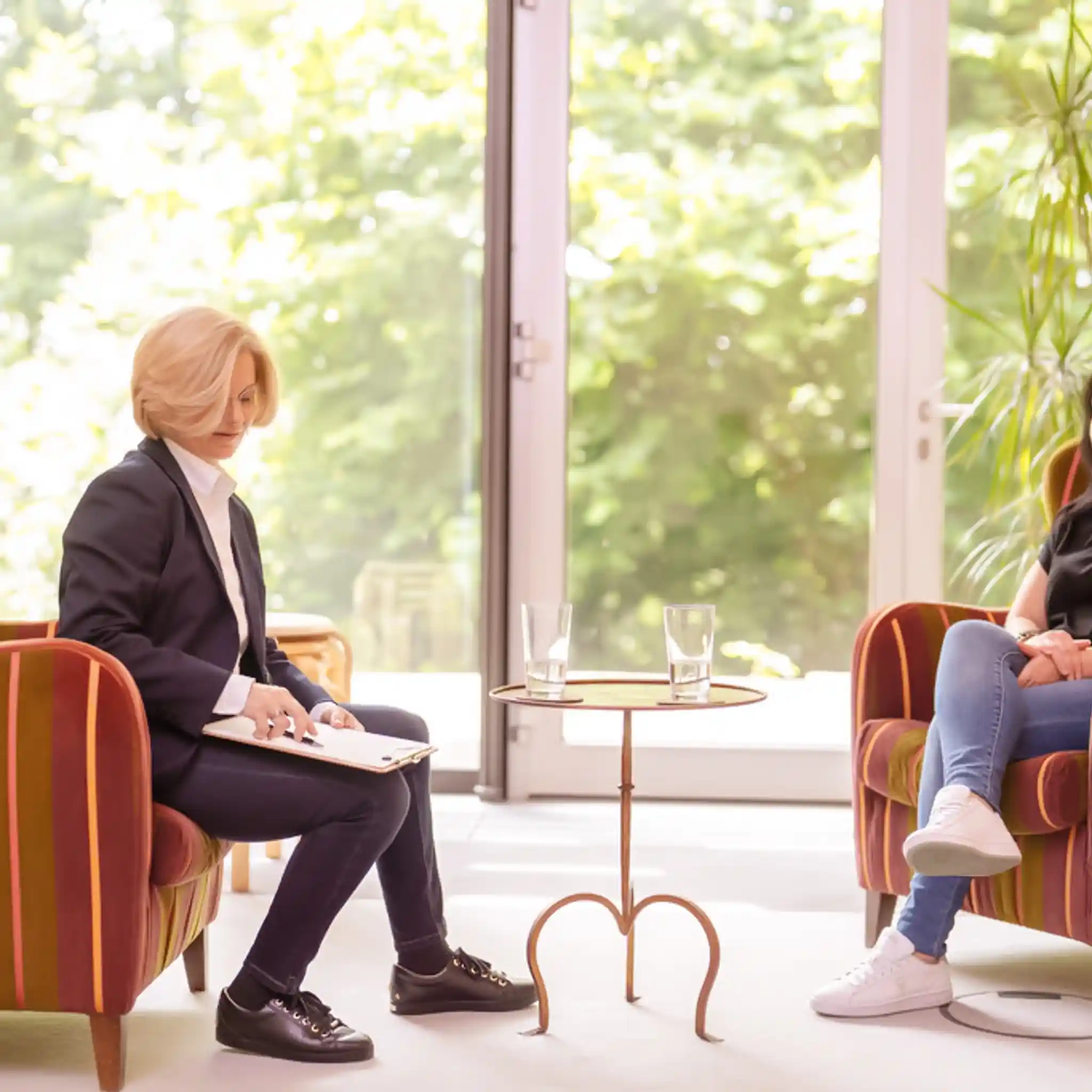 Eine Ärztin notiert etwas in ihre Notizen. Sie sitzt eine Patientin gegenüber.