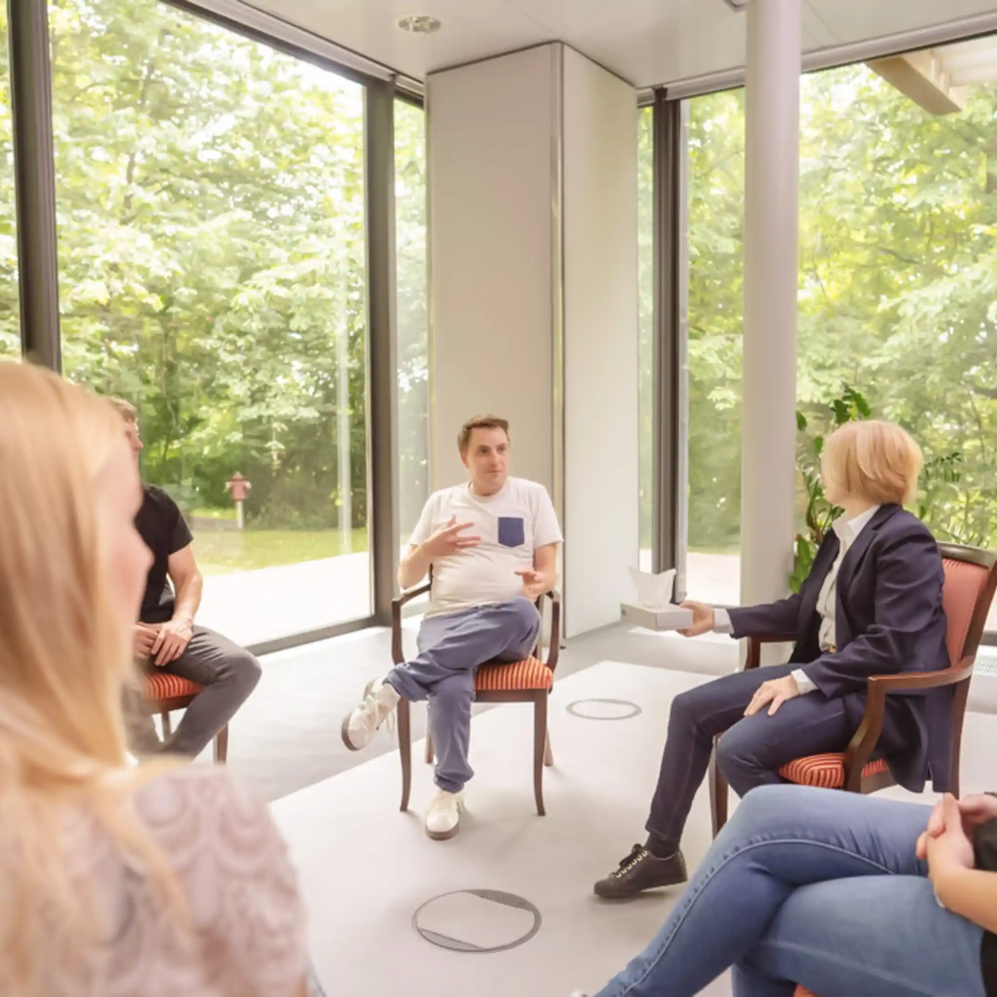 Gruppentherapie bei der eine Ärztin einem Patienten Taschentücher reicht.