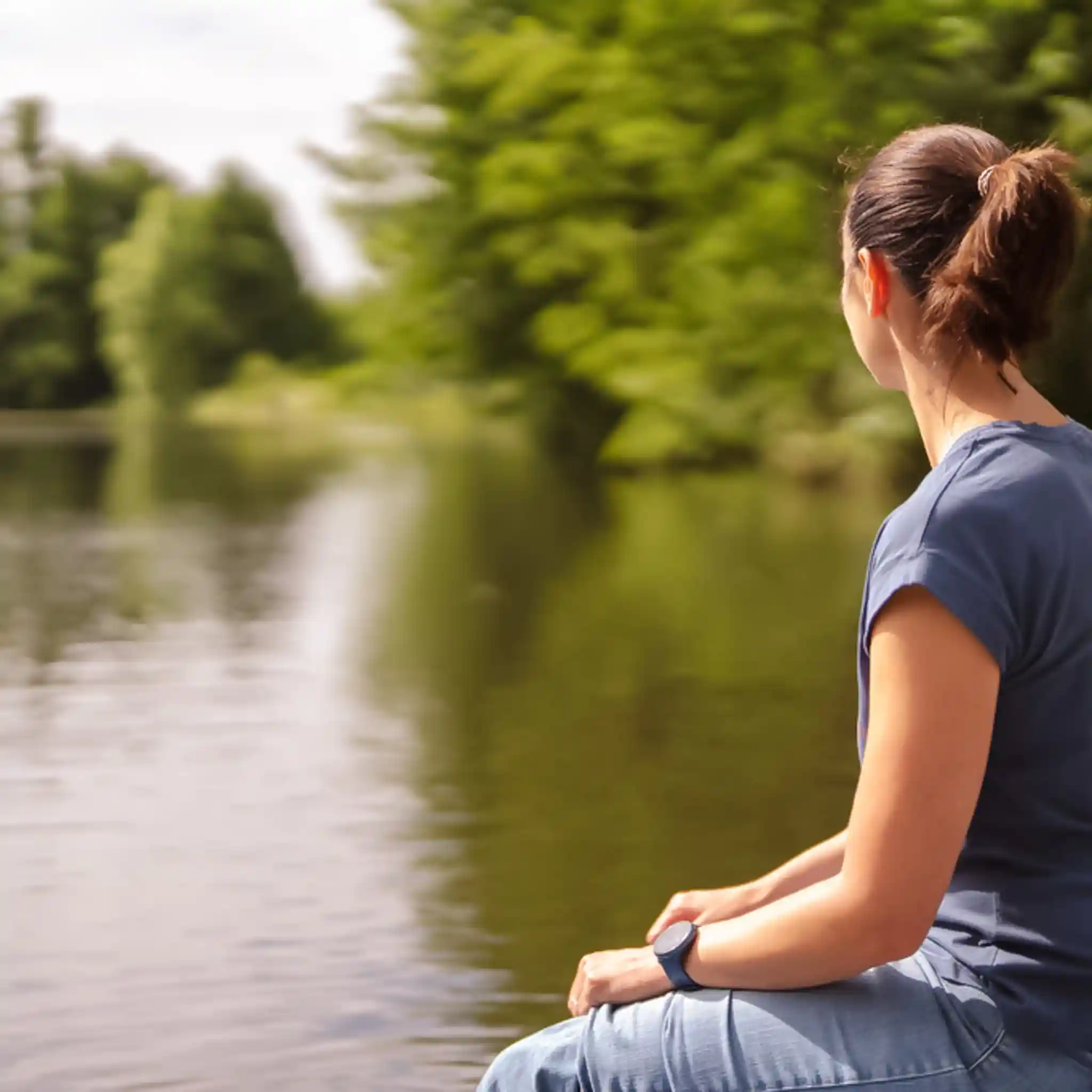 Eine dunkelhaarige Frau mit Pferdeschwanz im blauen T-Shirt sitzt am Ufer eines Gewässers und blickt aufs Wasser.