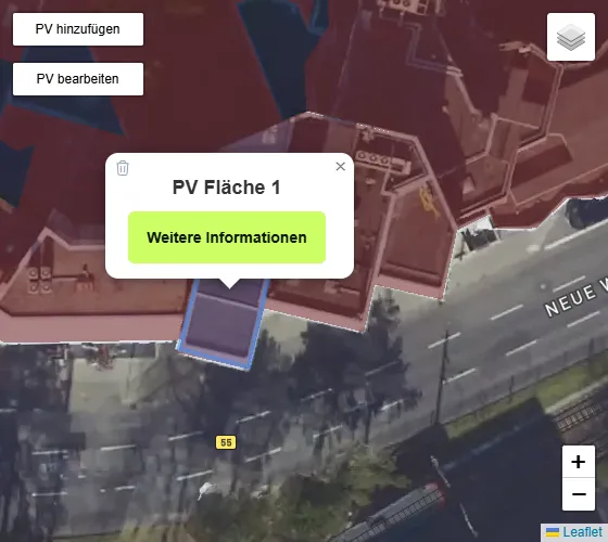 Satellitenbild eines Gebäudes mit eingezeichneter Photovoltaikfläche zur Planung von Solaranlagen.