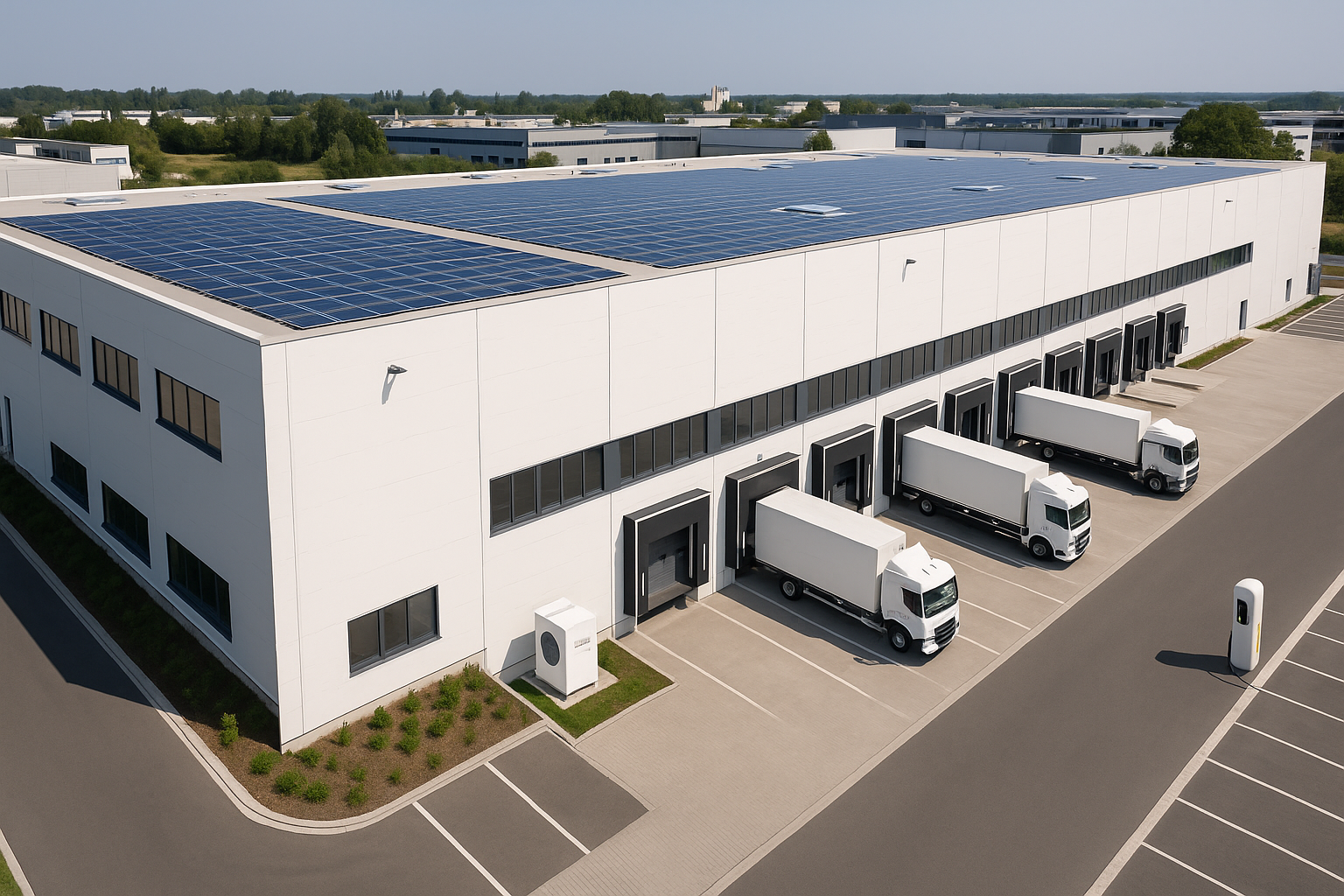 Zahlreiche LKWs beim Warenumschlag an einem modernen Logistikstandort mit integrierter Solaranlage und Wärmepumpe.