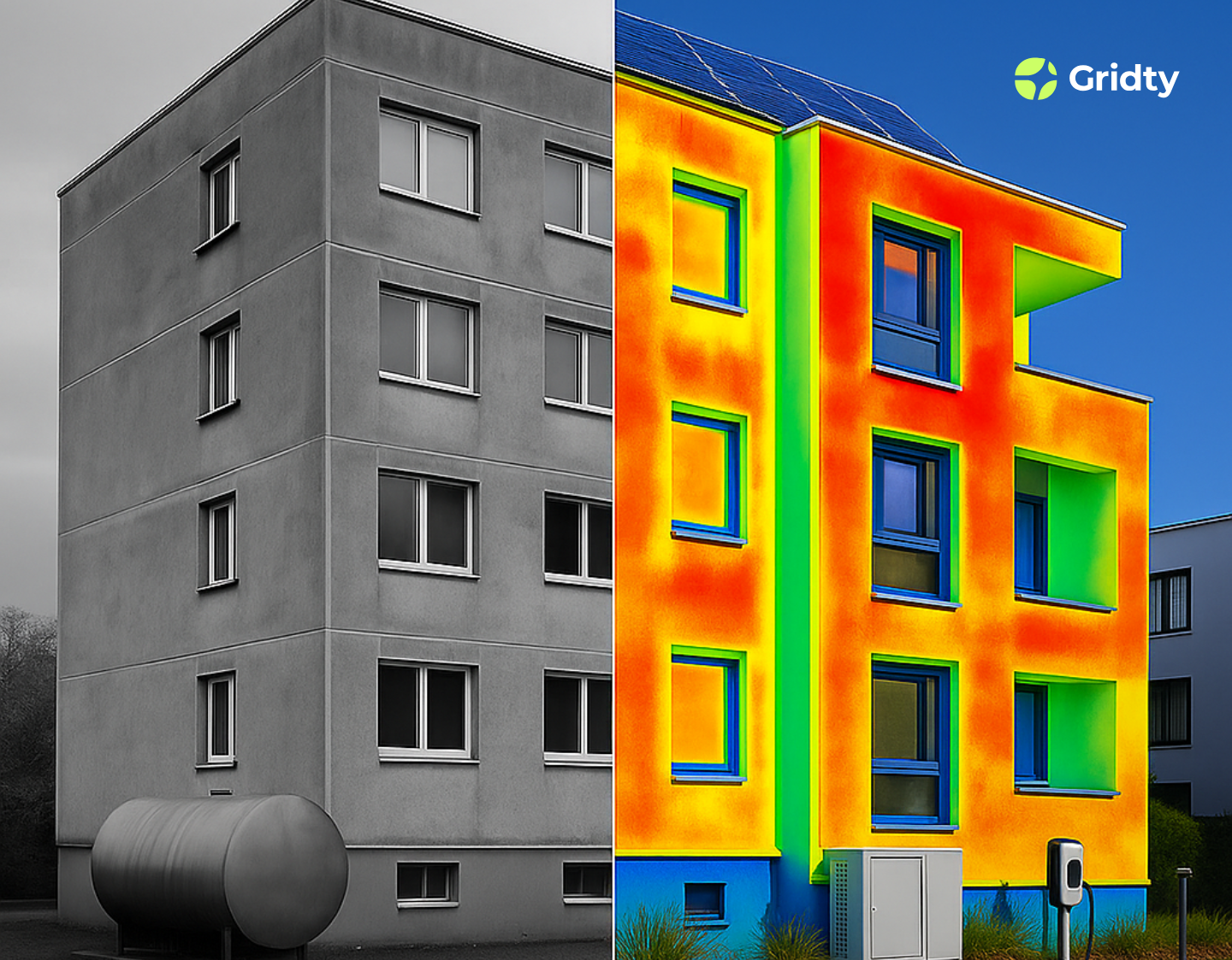 Vergleichsdarstellung eines Gebäudes in Grau und in rot-orangenen Farben zur Veranschaulichung von Energieflüssen.