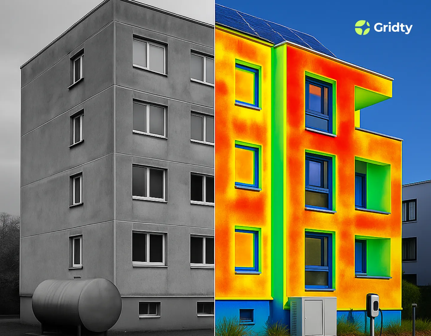 Vergleichsdarstellung eines Gebäudes in Grau und in rot-orangenen Farben zur Veranschaulichung von Energieflüssen.