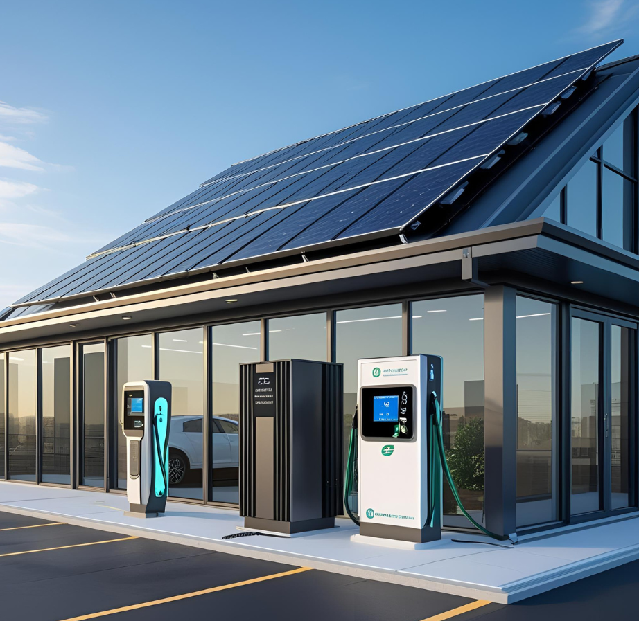 Energieeffizientes modernes Gebäude mit Ladesäulen, Wärmepumpe und Photovoltaikanlage auf dem Dach.