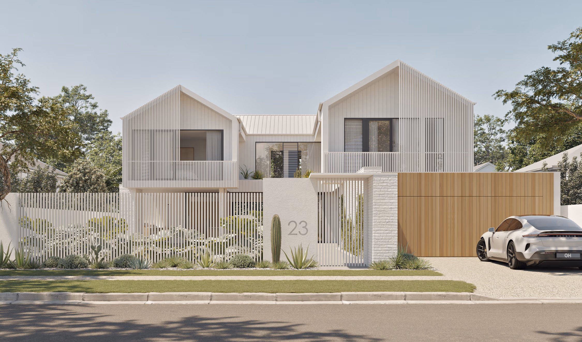 Striking contemporary facade of a Brisbane residence with dual gabled roofs, vertical screening, and natural timber garage feature.
