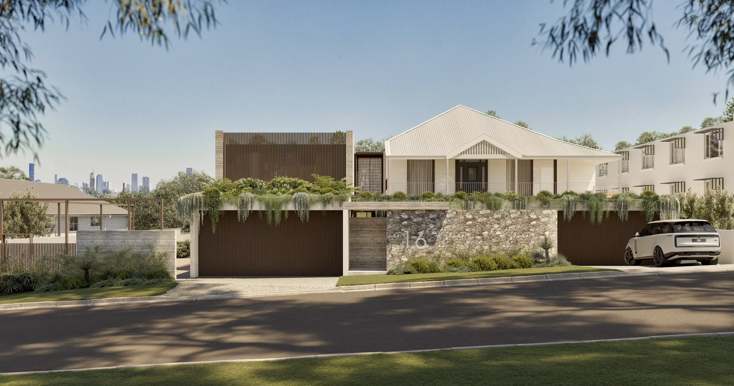 Street view render of Dickens 61 featuring the stone boundary wall, dark timber batten garage door, planted rooftop garden, hip roof pavilion, and city skyline beyond