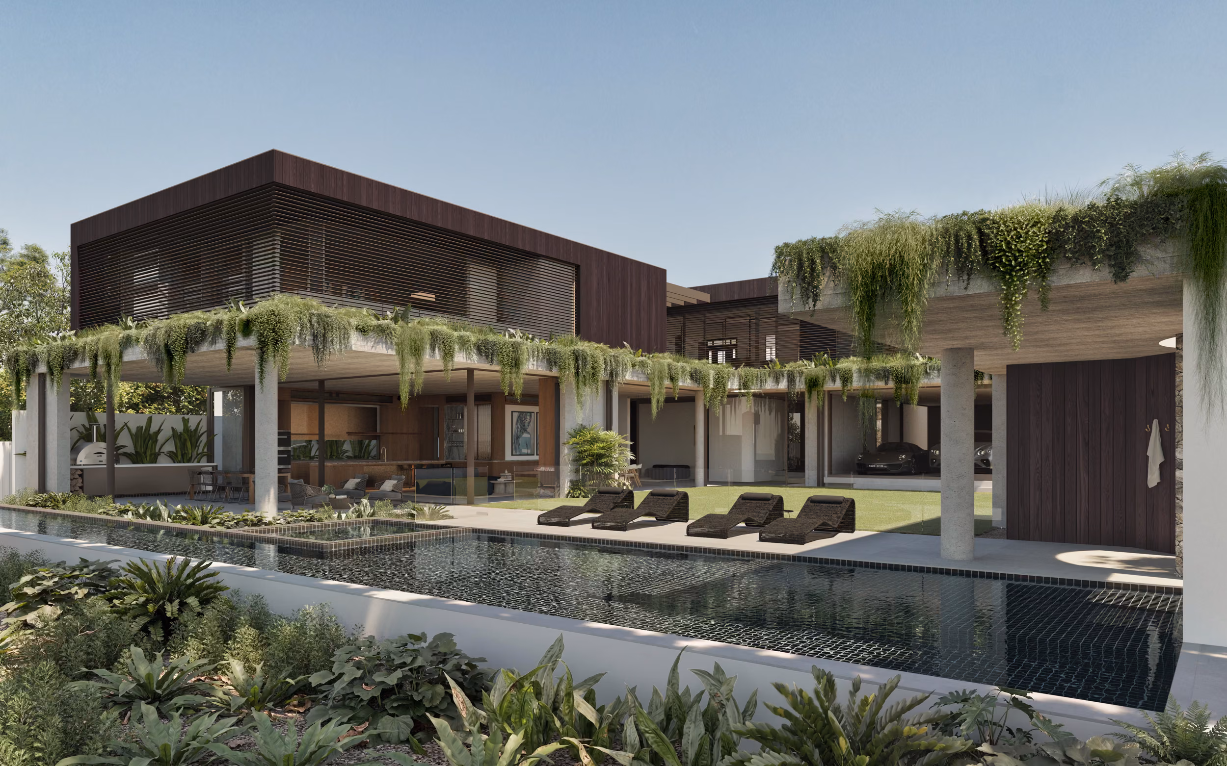 Rear pool render of Dickens 61 featuring the dark tiled lap pool, sun loungers, concrete columns with trailing greenery, open alfresco kitchen, and dark timber upper level