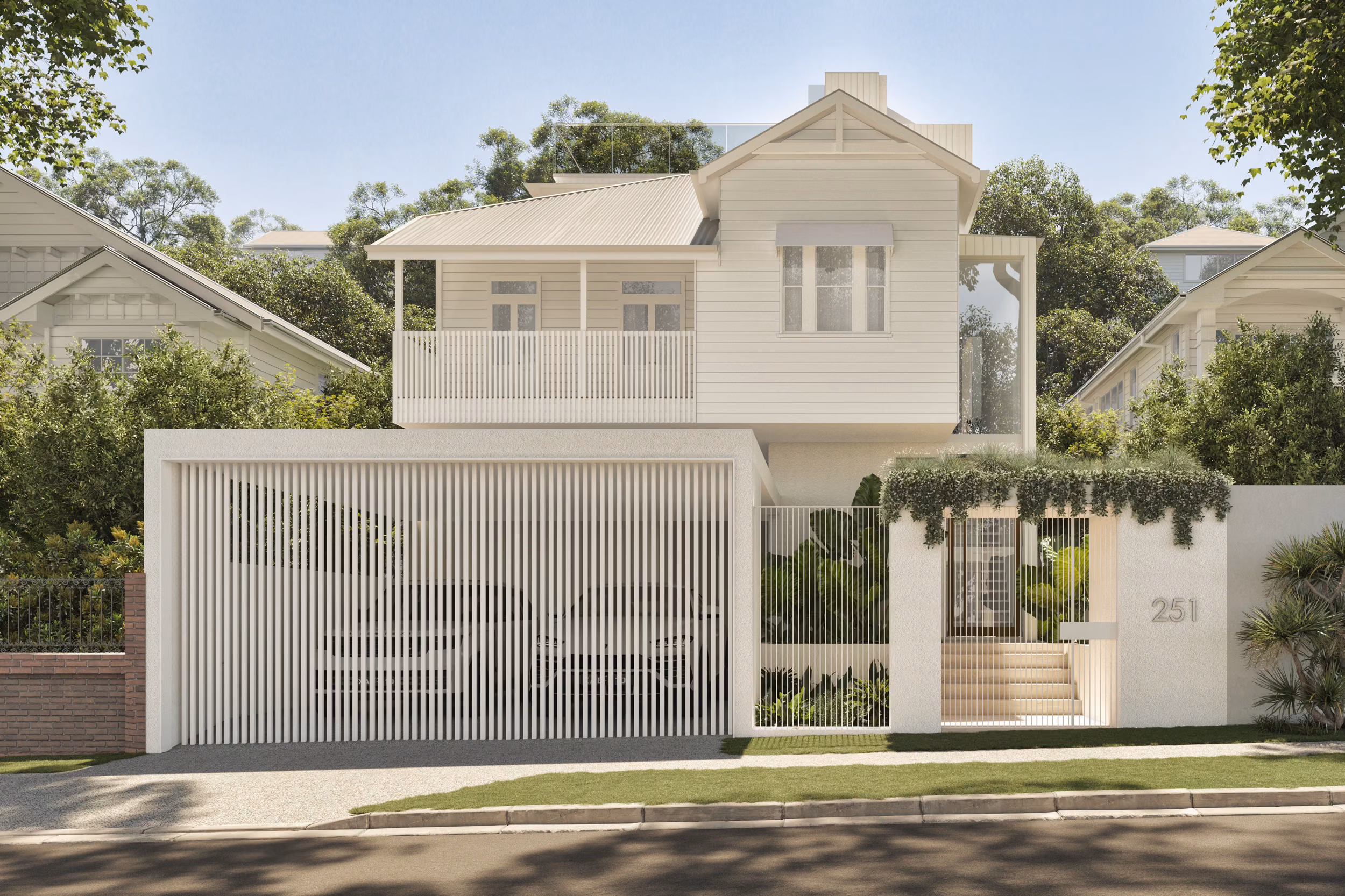 Street view render of Dickens 61 featuring the stone boundary wall, dark timber batten garage door, planted rooftop garden, hip roof pavilion, and city skyline beyond