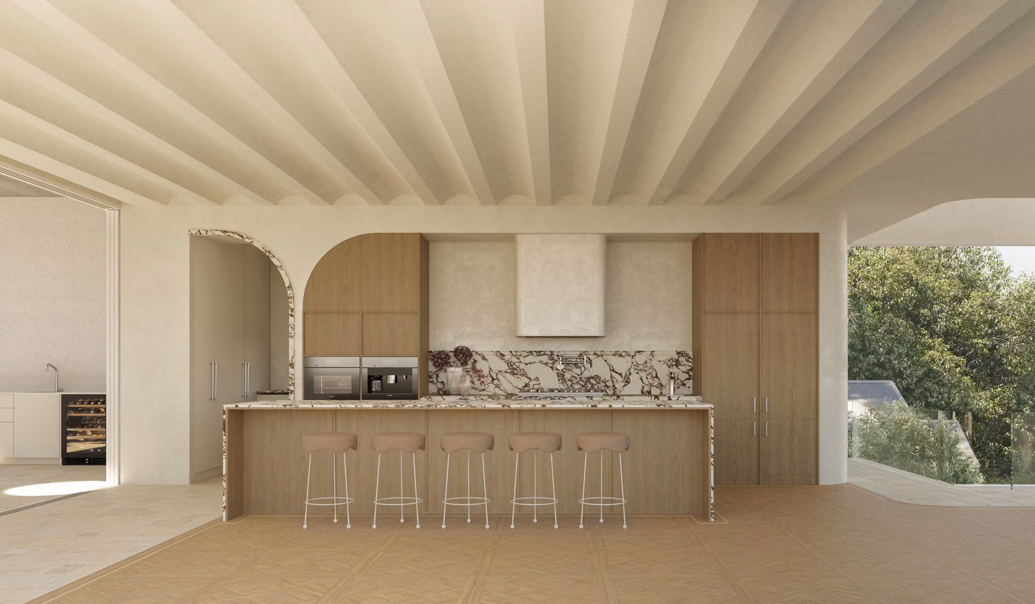 Kitchen render of Kent 2 featuring the marble island with upholstered bar stools, arched marble-framed opening, timber cabinetry, ribbed plaster range hood, and raked beam ceiling