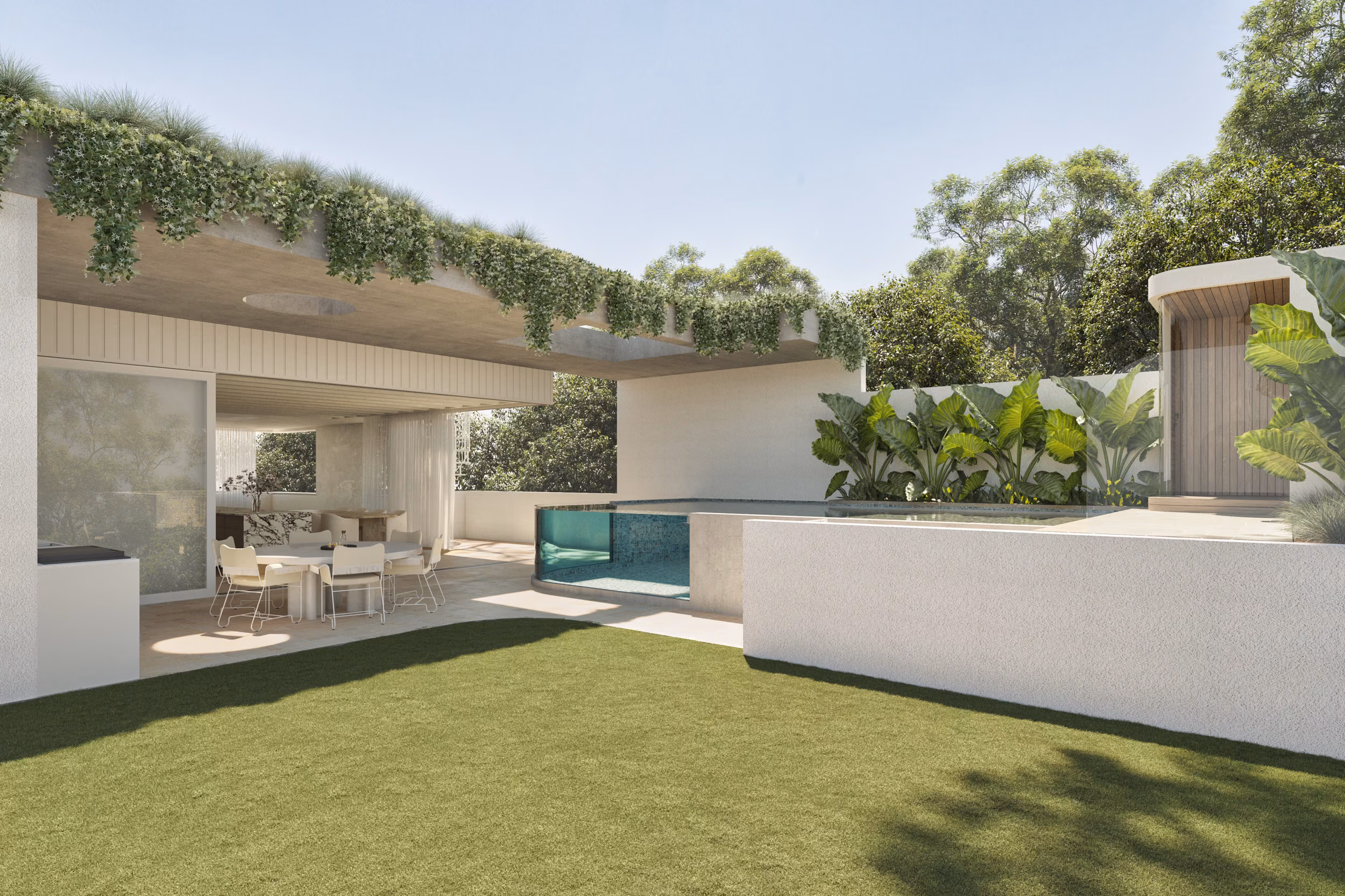Rear courtyard render of Kent 2 featuring the covered alfresco with trailing rooftop garden, glass-sided pool, outdoor dining, lush tropical planting, and timber pool pavilion beyond