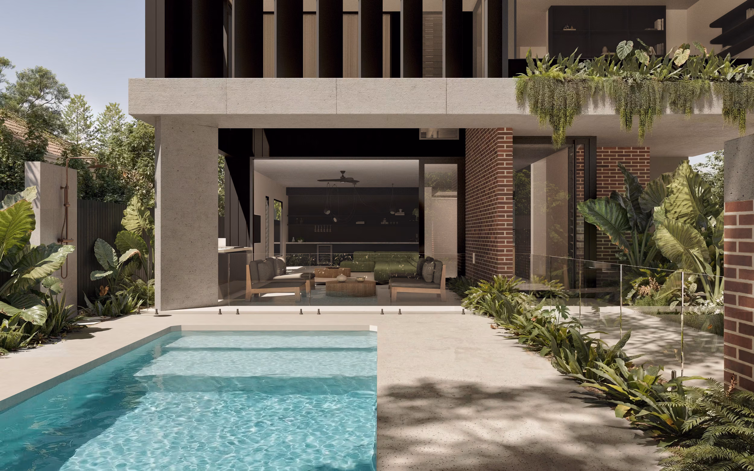 Rear pool render of Fifteenth featuring the lap pool, concrete alfresco columns, open living room with dark joinery, exposed brick columns, glass pool fence, and tropical garden surrounds