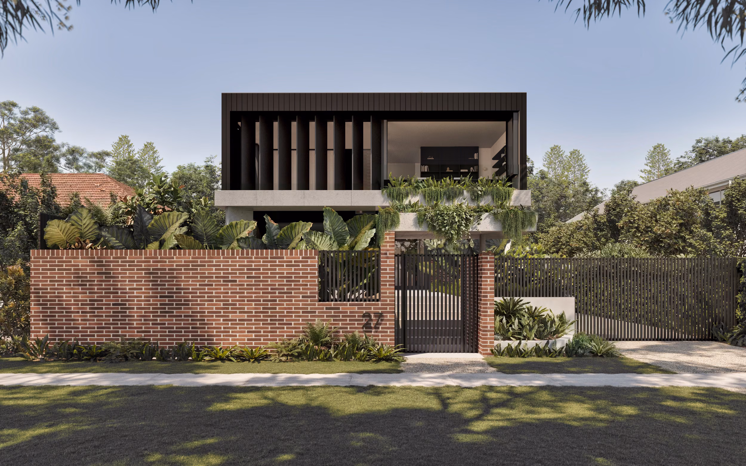 Street view render of Fifteenth featuring the red brick boundary wall, dark steel gate with number 27, dark timber batten upper level, concrete soffit, and lush tropical planting