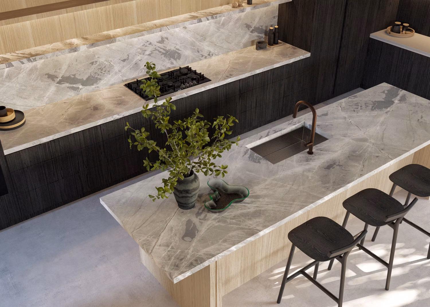 Kitchen detail render of Fifteenth featuring the marble island benchtop, bronze gooseneck tap, integrated gas cooktop, dark timber cabinetry, and marble splashback with oak upper cabinets