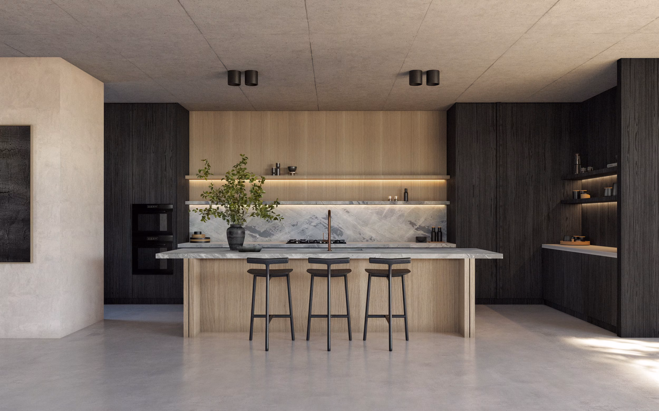 Kitchen render of Fifteenth featuring the marble island, dark bar stools, oak upper cabinetry with LED strip lighting, marble splashback, dark charred timber joinery, and concrete ceiling