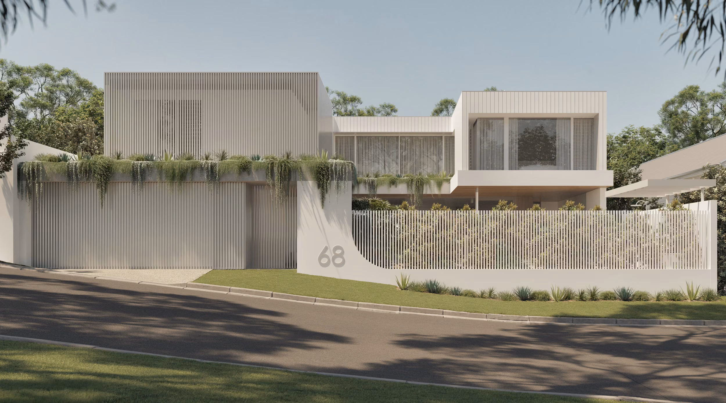 Rear pool render of Fifteenth featuring the lap pool, concrete alfresco columns, open living room with dark joinery, exposed brick columns, glass pool fence, and tropical garden surrounds