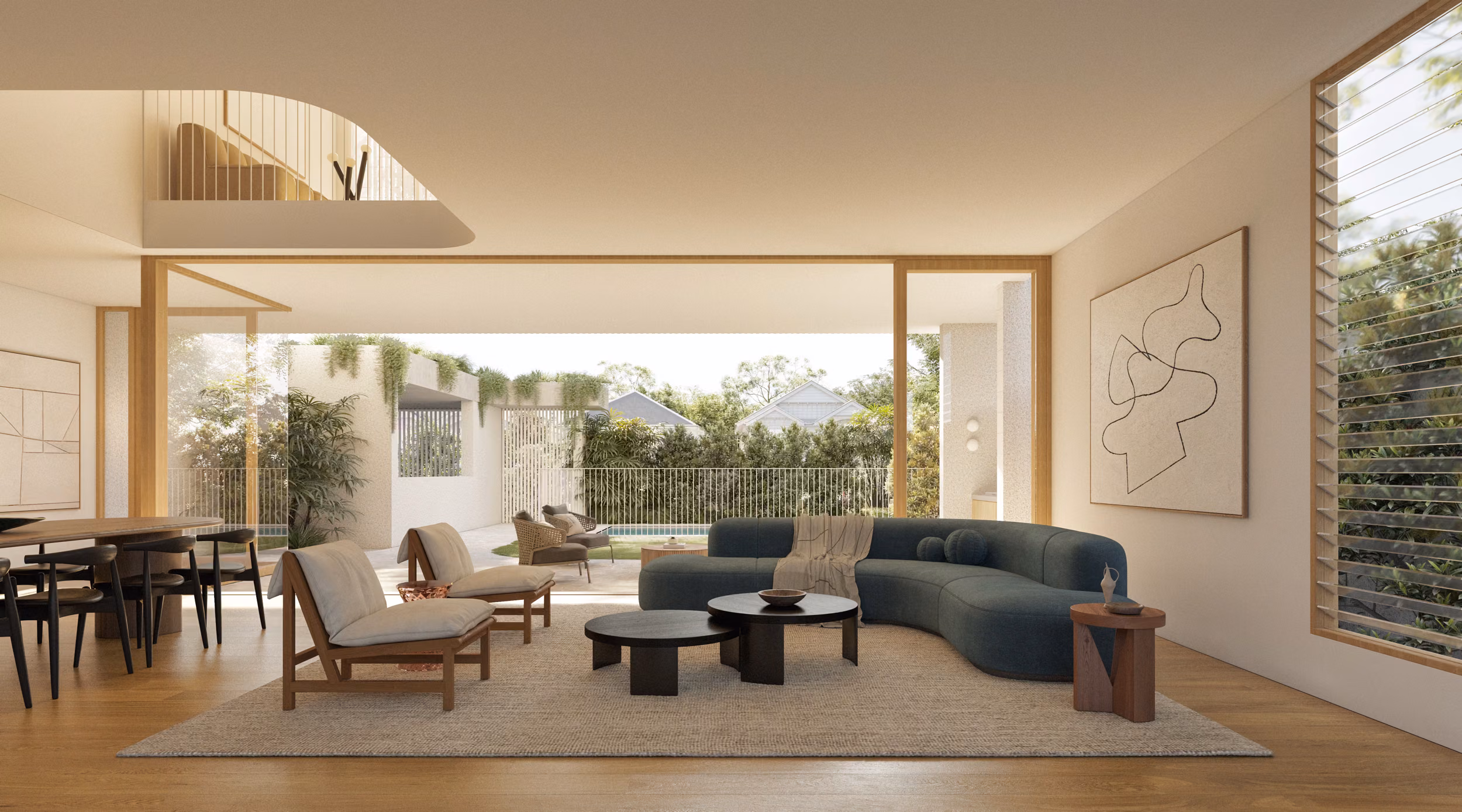 Open-plan living and dining area with a curved teal sofa, timber louvres, and full-width glazed doors opening to a landscaped courtyard and pool beyond.