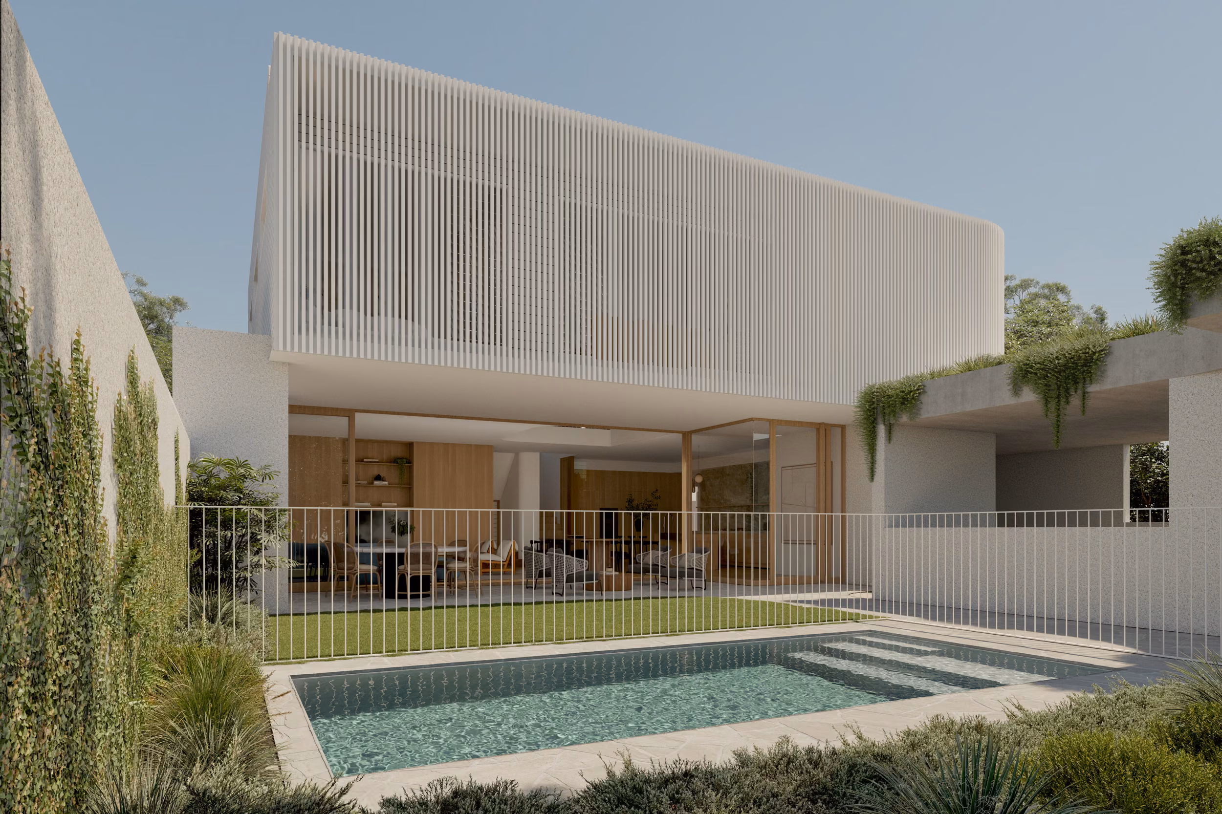 Rear exterior view of Small showing the pool, manicured lawn, and open living spaces visible through floor-to-ceiling glazing beneath the louvred upper storey