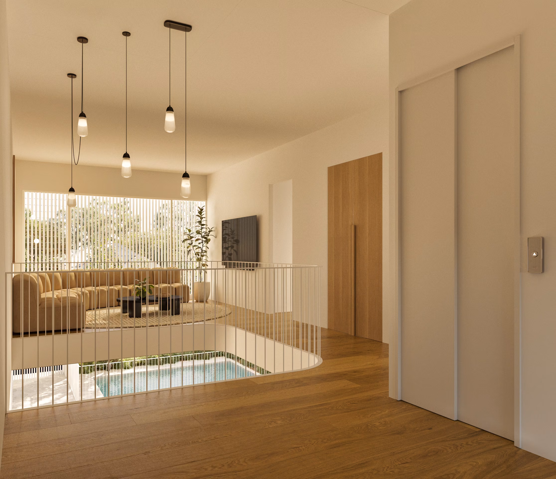 First-floor landing with a curved white balustrade overlooking the pool below, warm pendant cluster above, and a timber-panelled lift entry