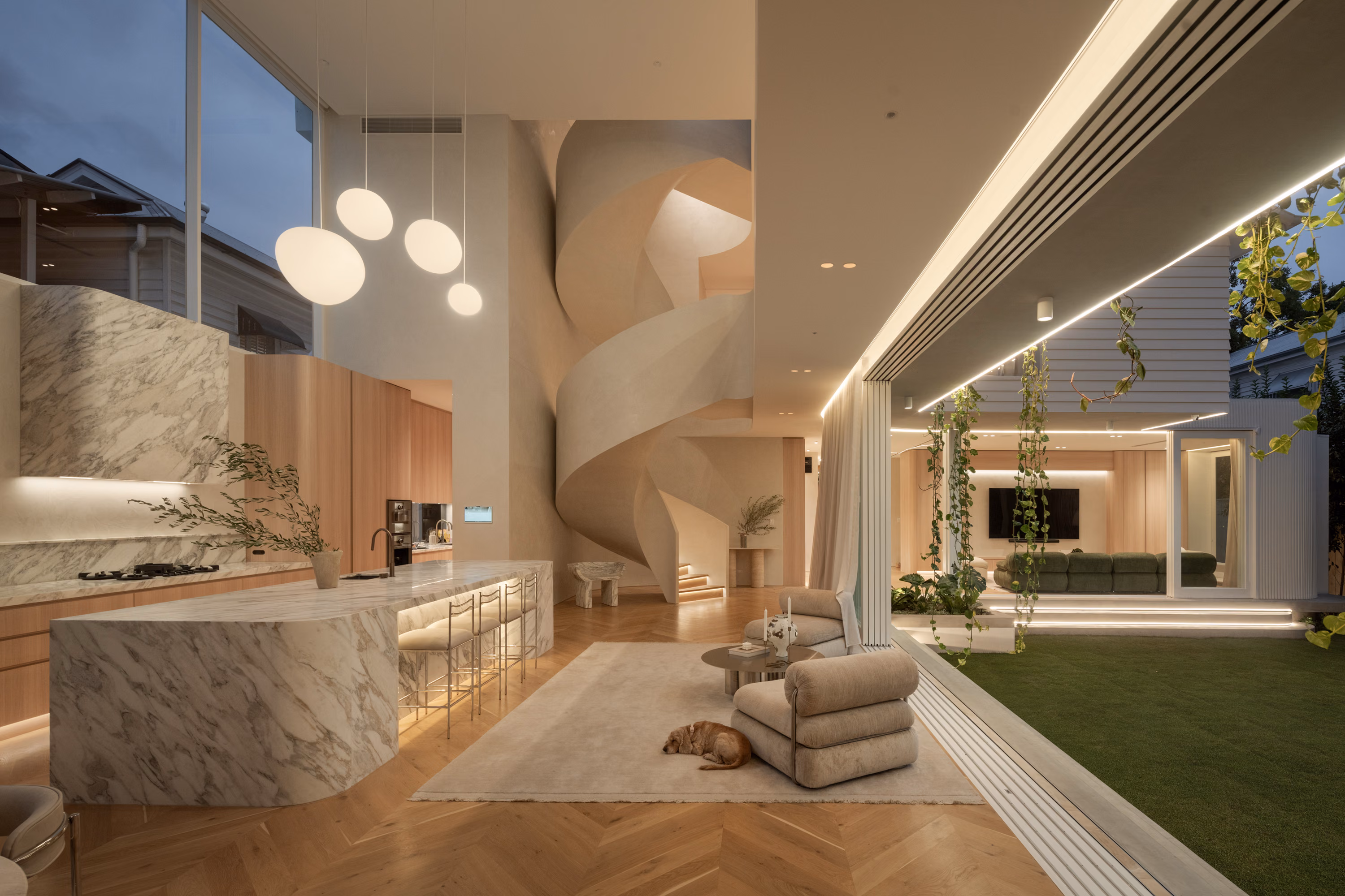 Serene master bedroom with floor-to-ceiling windows and neutral tones, designed by a leading Brisbane architecture studio.