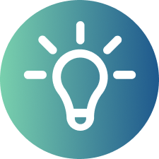 White light bulb icon with rays inside a circular gradient background from teal to blue.