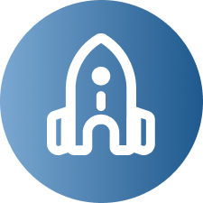 White rocket icon on a blue circular gradient background.