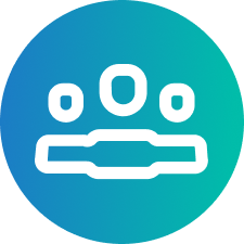 Icon of three white abstract people figures connected by a horizontal line on a blue to teal gradient circular background.
