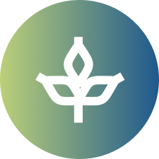 White stylized leaf and flower icon centered on a circular gradient background from green to blue.