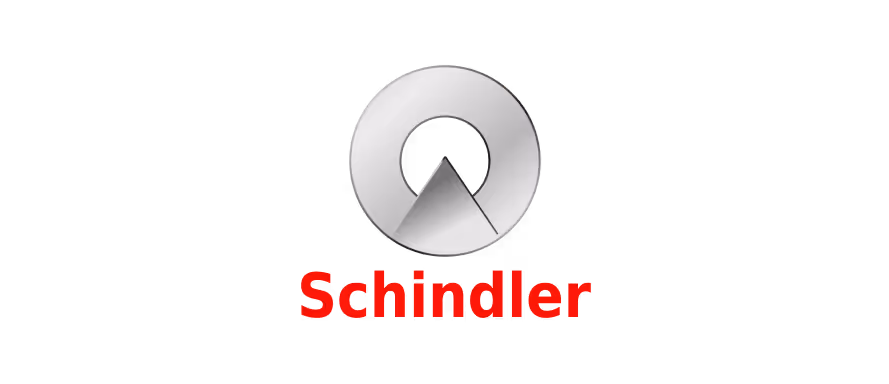 Logo Schindler z okręgiem i trójkątnym symbolem oraz czerwonym napisem Schindler.